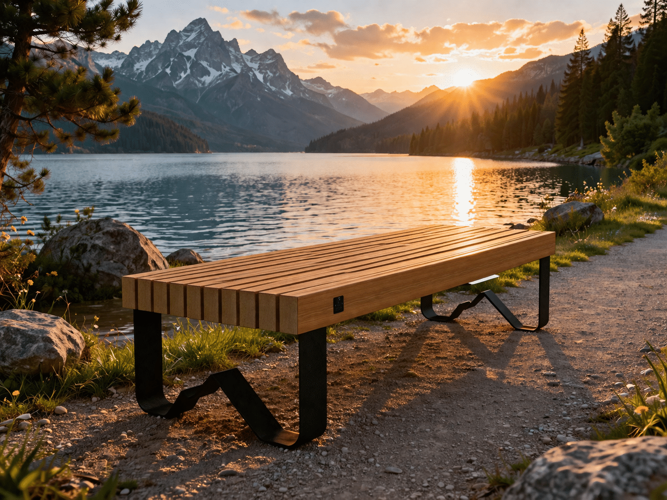 Banc Lécherain piétements métalliques découpés montagne